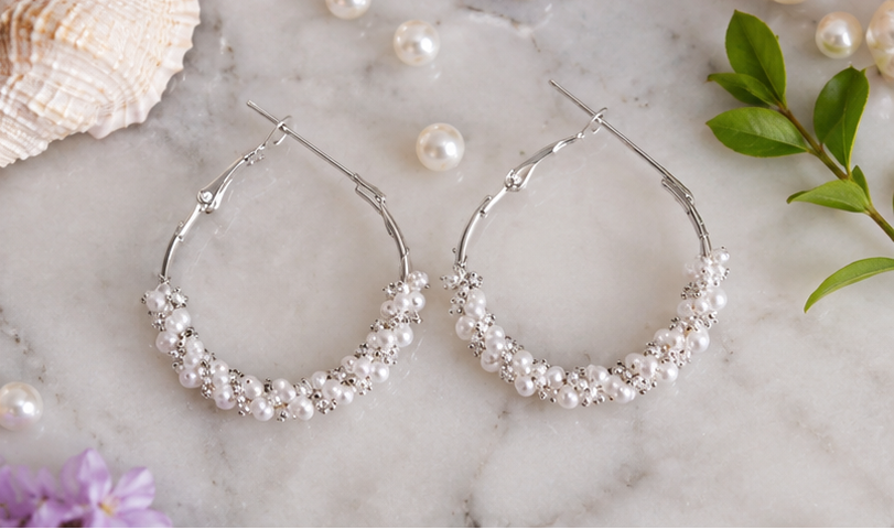Silver Cluster Pearl Hoops