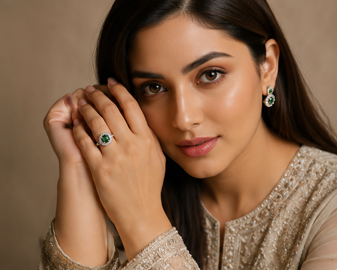 GREEN RHINESTONE AD RING