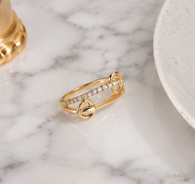 2 HEARTS RHINESTONE AD RING