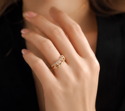 2 HEARTS RHINESTONE AD RING