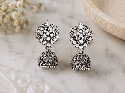 Oxidised Silver-Plated Stone-Studded Jhumki
