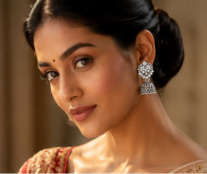 Oxidised Silver-Plated Stone-Studded Jhumki
