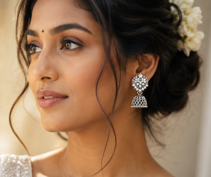 Oxidised Silver-Plated Stone-Studded Jhumki