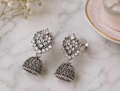 Oxidised Silver-Plated Stone-Studded Jhumki