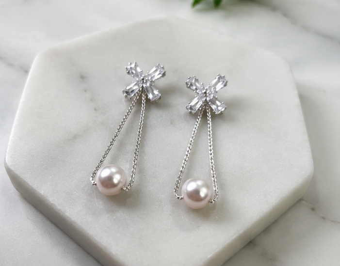 Silver Chain Loop Pearl Dangles
