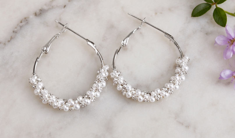 Silver Cluster Pearl Hoops