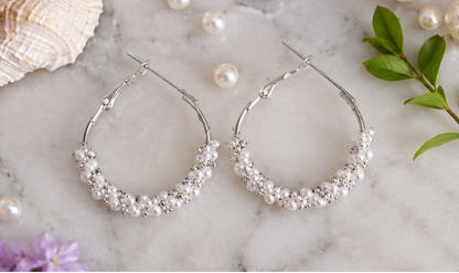 Silver Cluster Pearl Hoops