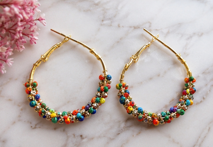 Multicolor Seed Bead Cluster Hoops