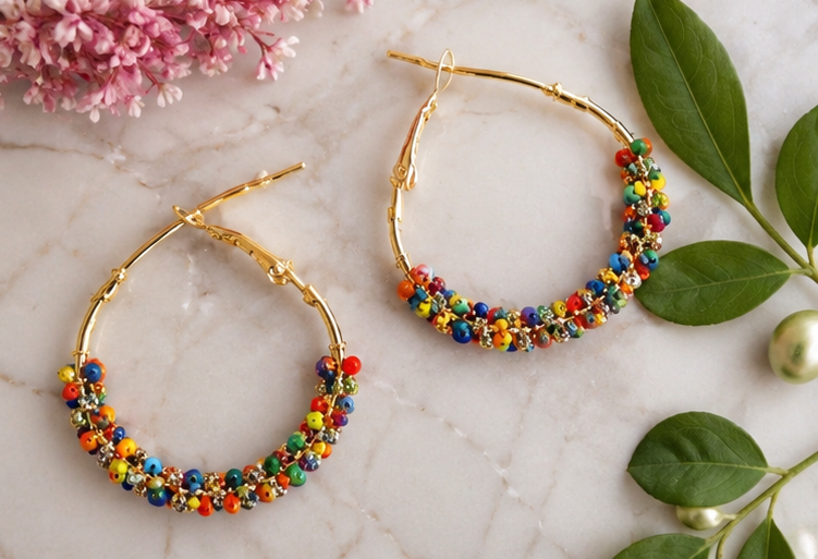 Multicolor Seed Bead Cluster Hoops