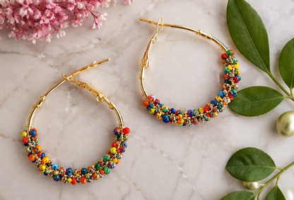 Multicolor Seed Bead Cluster Hoops