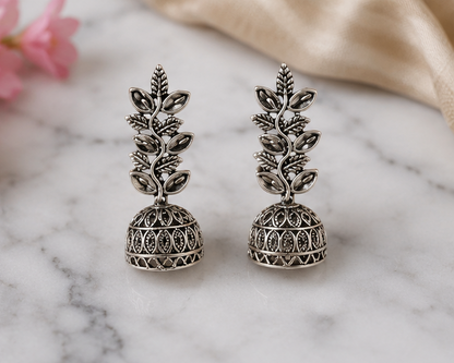 Oxidized Silver Leaf Design Jhumka Earrings