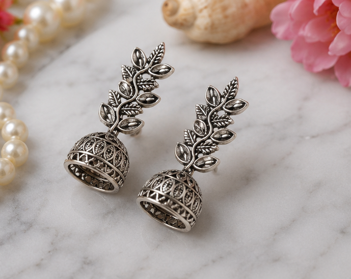 Oxidized Silver Leaf Design Jhumka Earrings