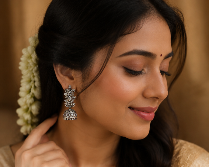 Oxidized Silver Leaf Design Jhumka Earrings