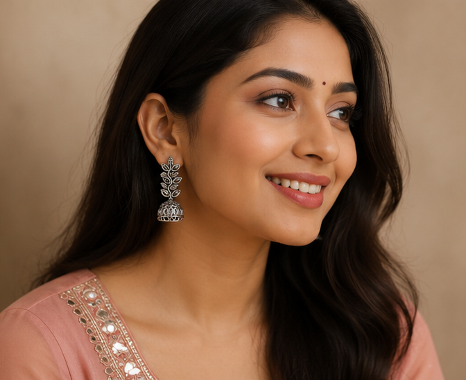 Oxidized Silver Leaf Design Jhumka Earrings