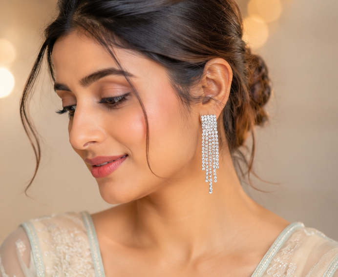 Rhinestone long tassel Earrings 