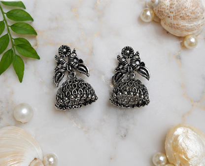 Oxidised Silver Peacock Jhumkas