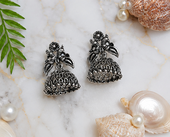 Oxidised Silver Peacock Jhumkas
