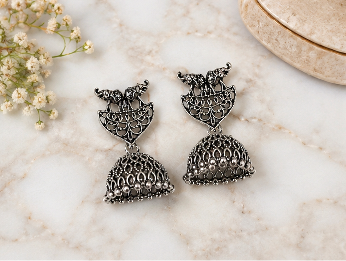 Oxidized Silver Elephant Jhumka Earrings