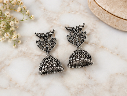 Oxidized Silver Elephant Jhumka Earrings