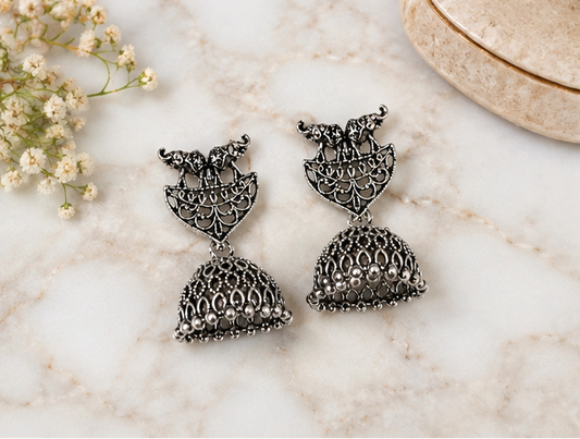 Oxidized Silver Elephant Jhumka Earrings