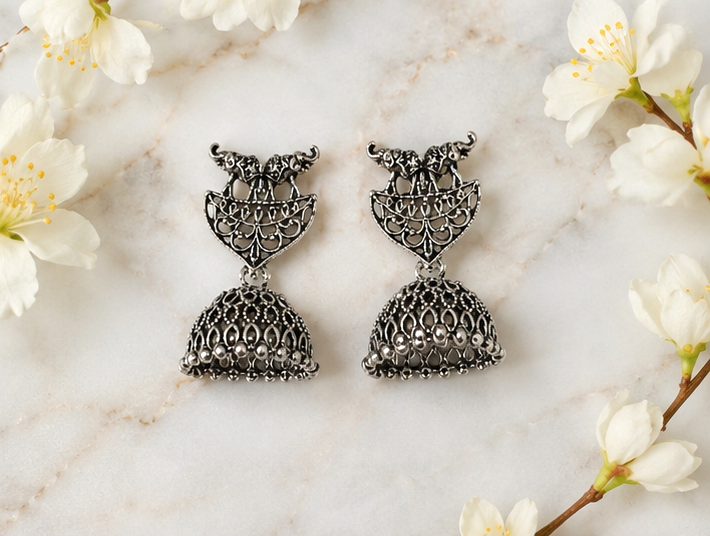Oxidized Silver Elephant Jhumka Earrings