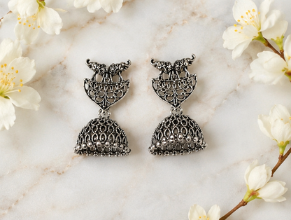 Oxidized Silver Elephant Jhumka Earrings