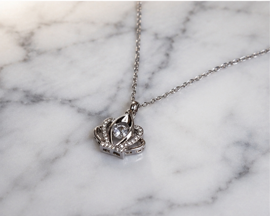 Silver Tone Crown Stainless Steel Pendant Necklace