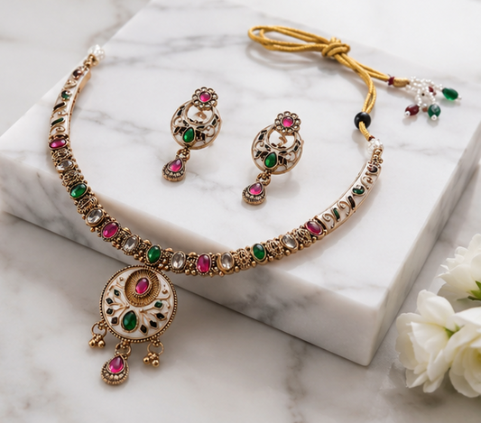 Gold Plated Traditional Ethnic Elegant Designer Kundan Necklace Set