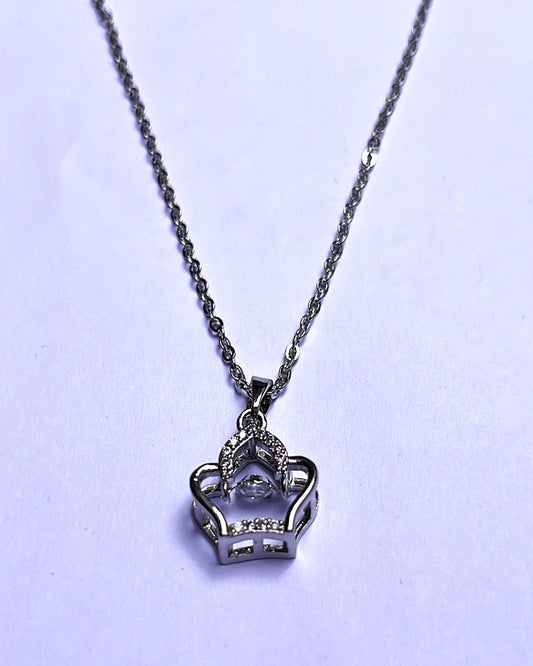Silver Tone Crown Stainless Steel Pendant Necklace